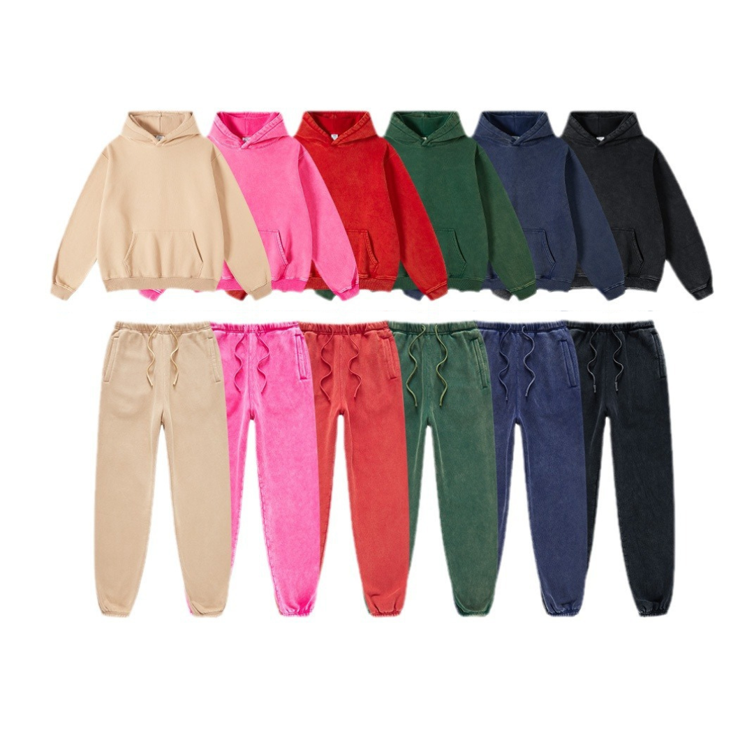 Oversize Fleece Lining Washed Zipper Hoodie & Pullover Hoodie & Pants Setup WN9925