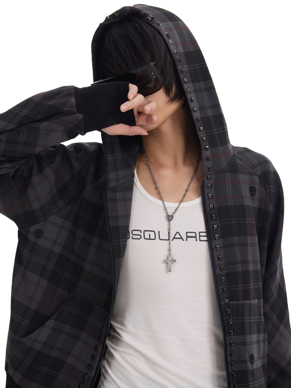 Hooded Plaid Studs Detail Jacket WN27182