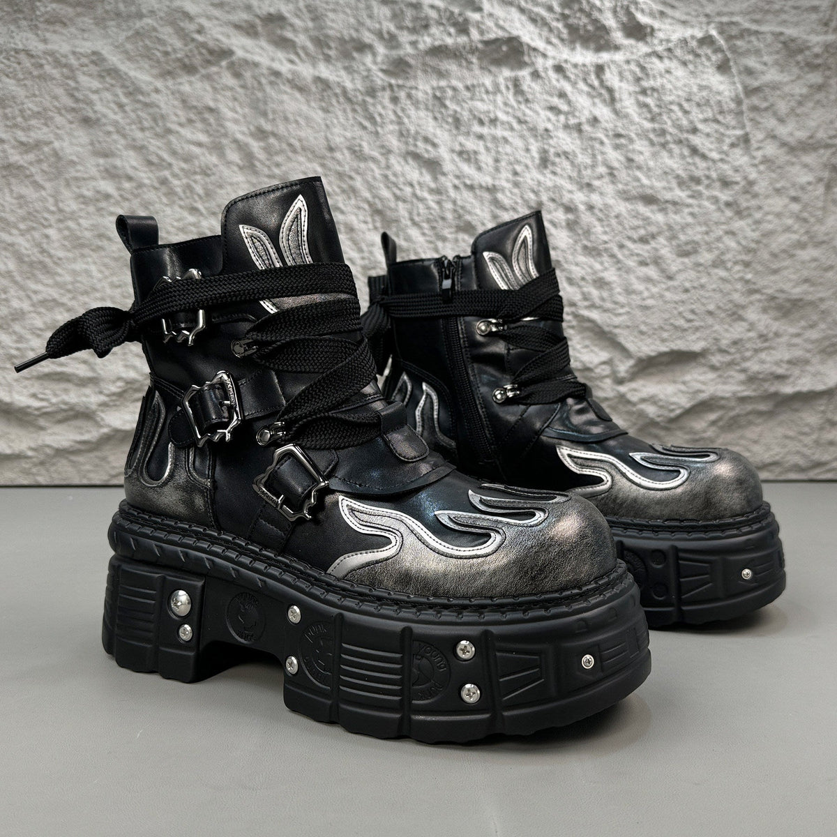 Flame Embroidery Strap Buckle Platform Short Boots WN24578