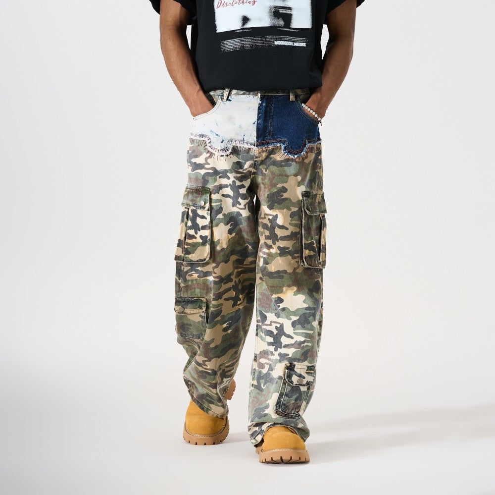 Denim Camouflage Patchwork Multi-Pocket Wide Leg Cargo Pants WN27858