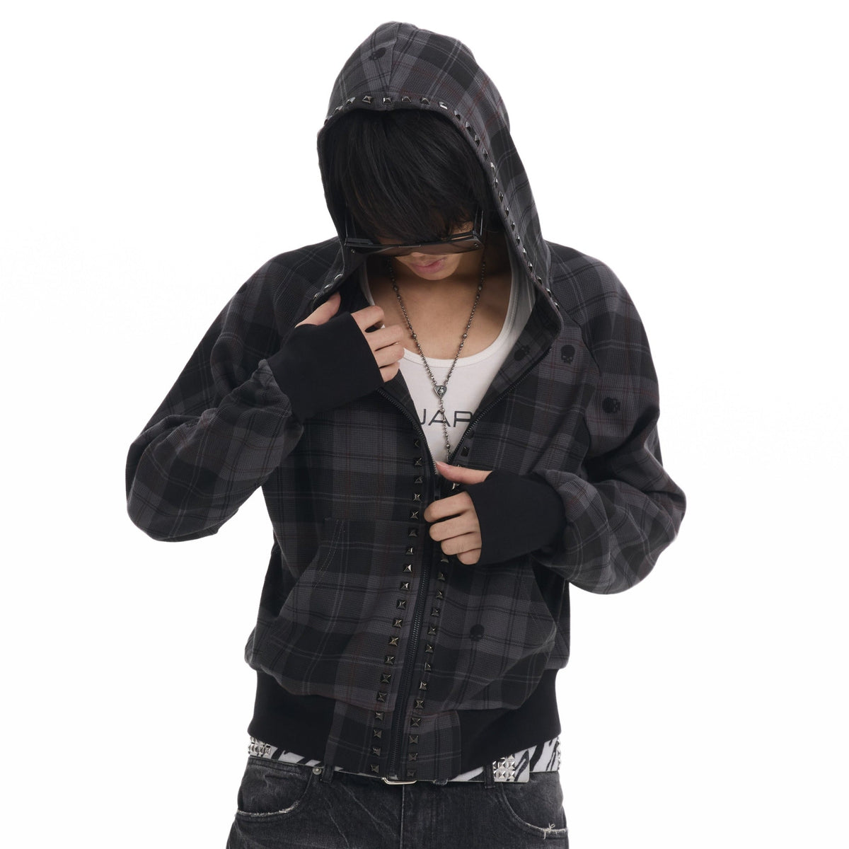 Hooded Plaid Studs Detail Jacket WN27182