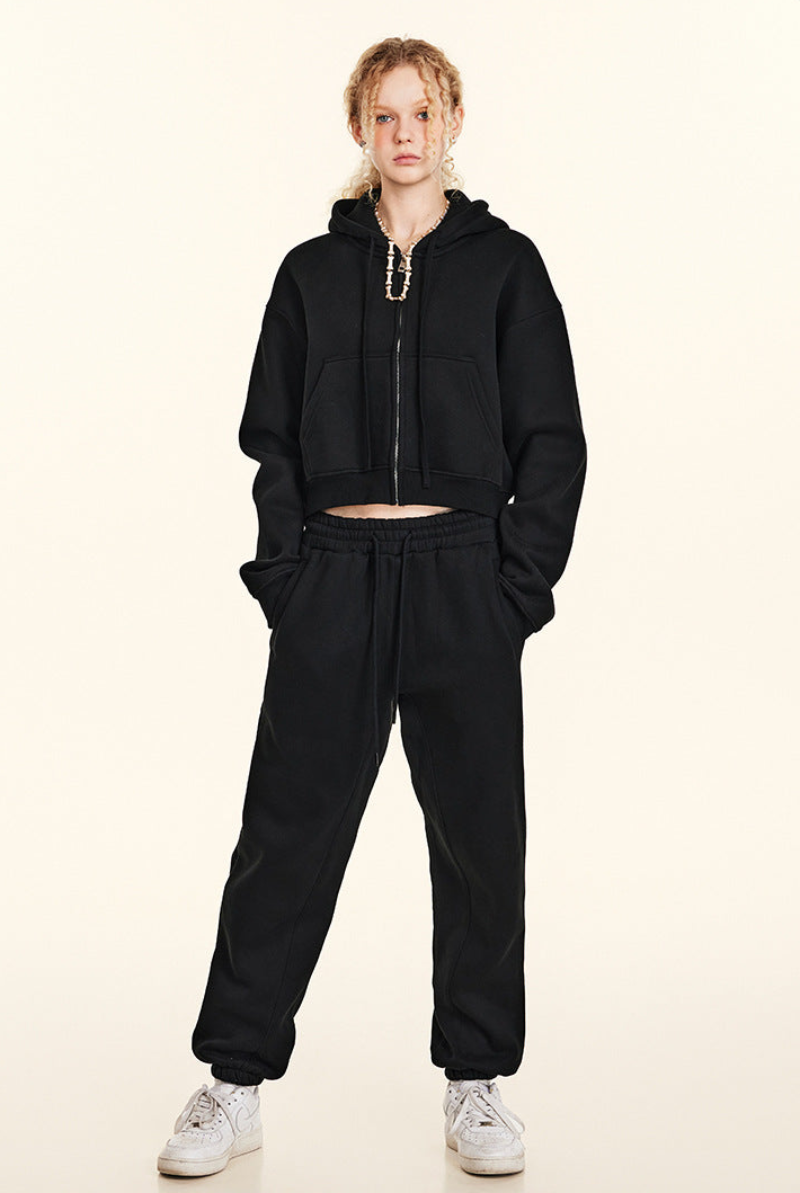 Cropped Sporty Zipper Hoodie & Sweat Jogger Pants & Straight-Leg Sweatpants Setup WN23116