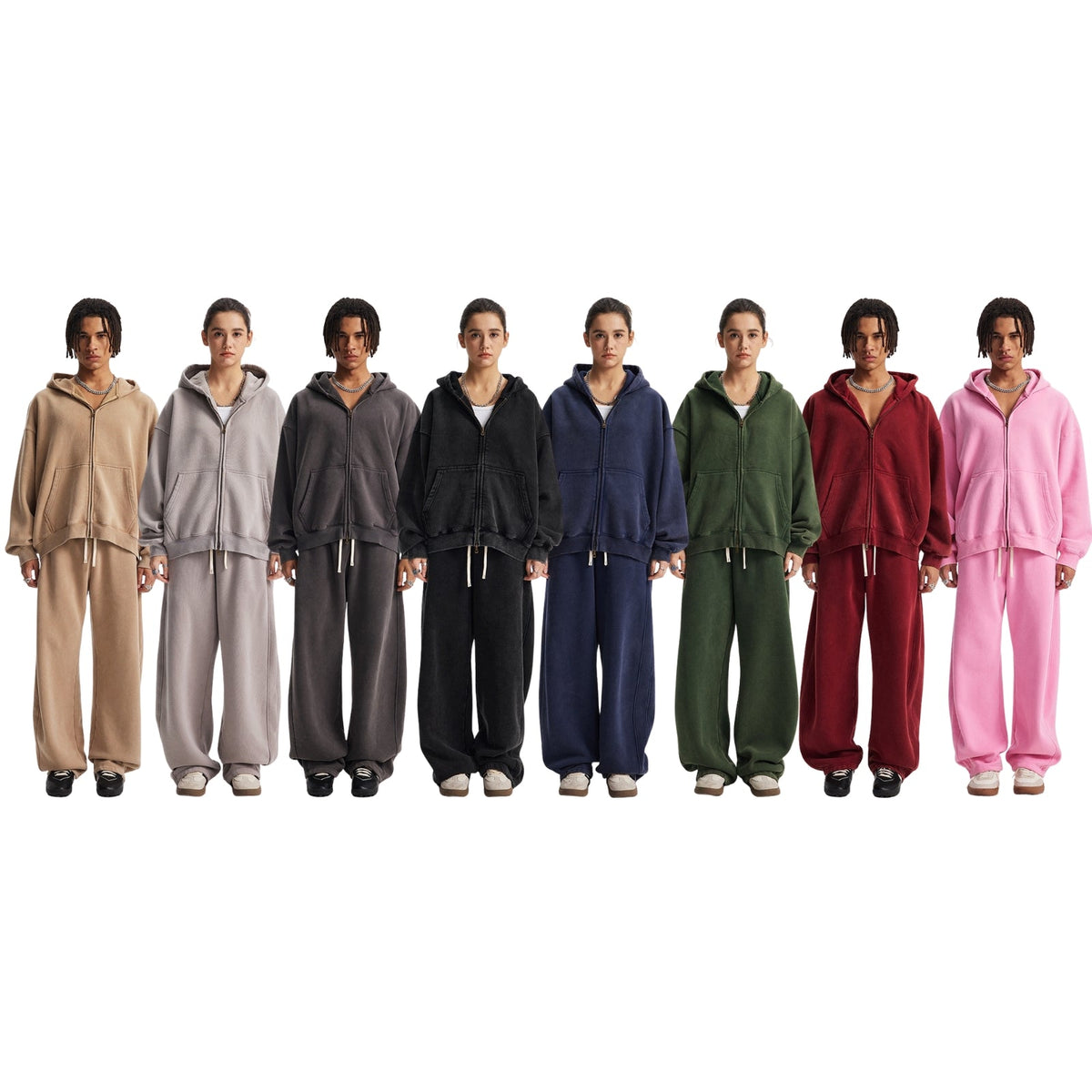 Fleece Lining Zip-Up Washed Zipper Hoodie & Wide Leg Washed Sweatpants WN23112